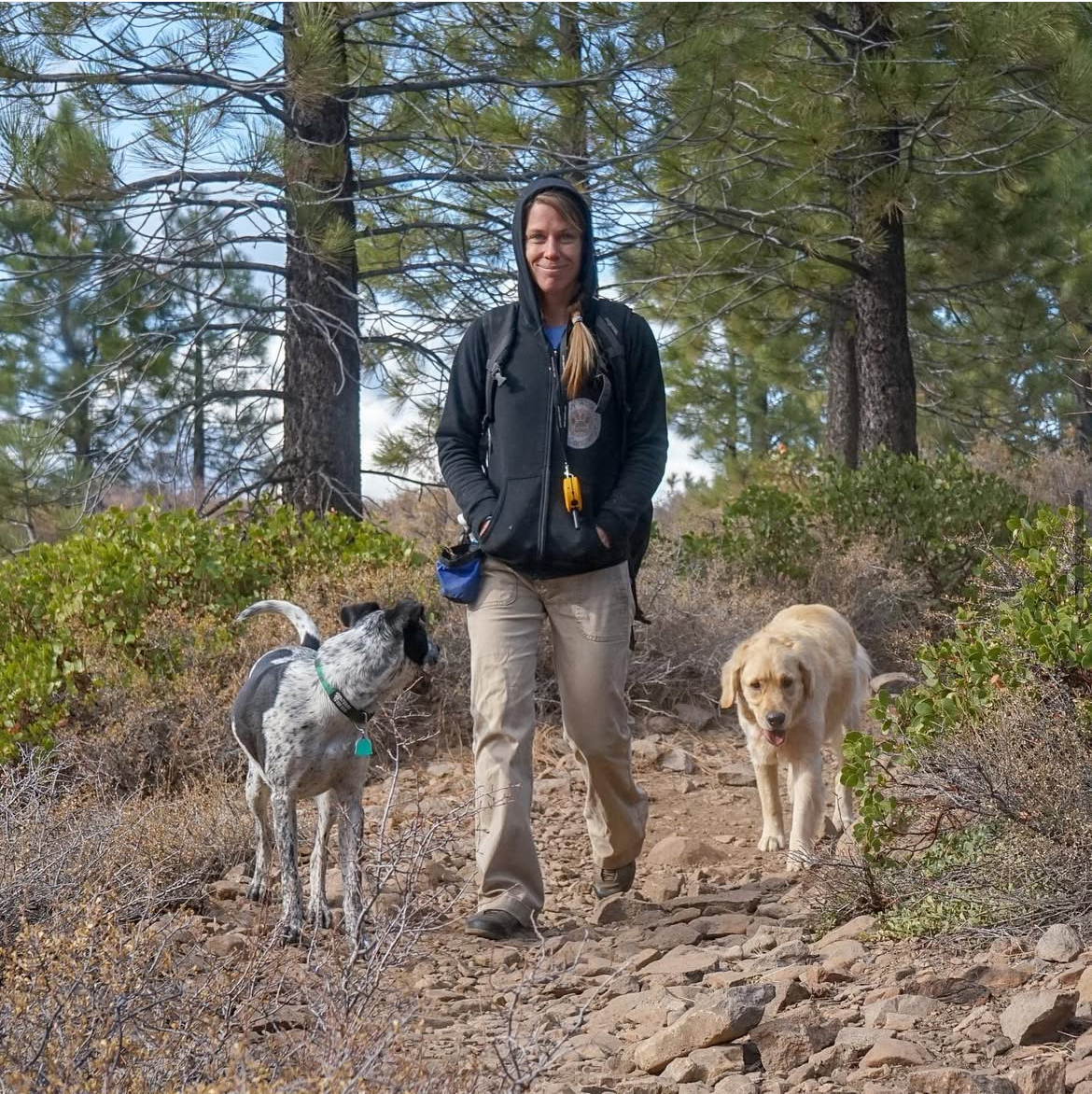 Woman and a sweatshirt is hiking on a trail with a golden retriever and a black and white cattle dog. Southern California Pet Sitting 