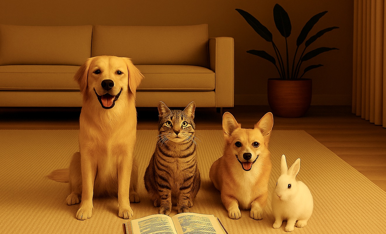 “Group of calm pets reading – symbol of thoughtful care and attentive booking process.”

golden retriever, tabby cat, corgi and a bunny wtih a book