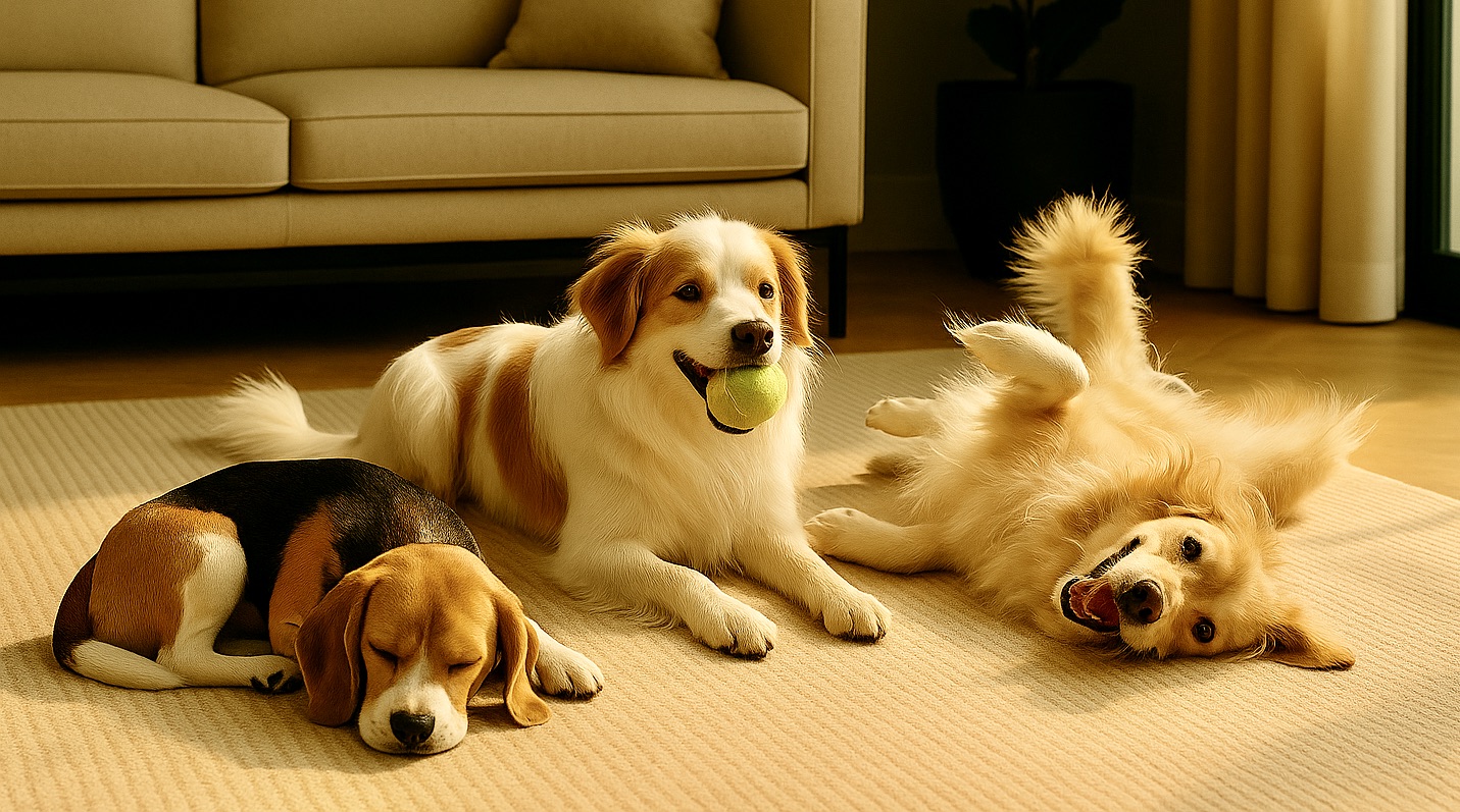 Three dogs relaxing in a sunlit living room: a beagle asleep, a spaniel with a tennis ball, and a golden retriever playfully on its back—Southern California pet sitting comfort. Southern California Pet Sitting