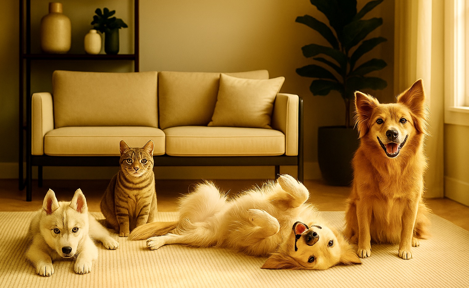 small husky puppy, tabby cat, golden retriever and colie mix sit in a modern luxury living room. Luxury pet & home care