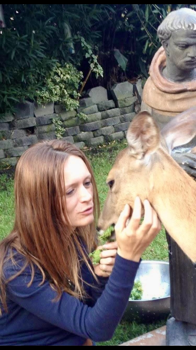 Woman with brown hair connects. Her hand is gently on its face as she leaves in to kiss it. She is feeding it something green. Southern California Pet Sitting 
