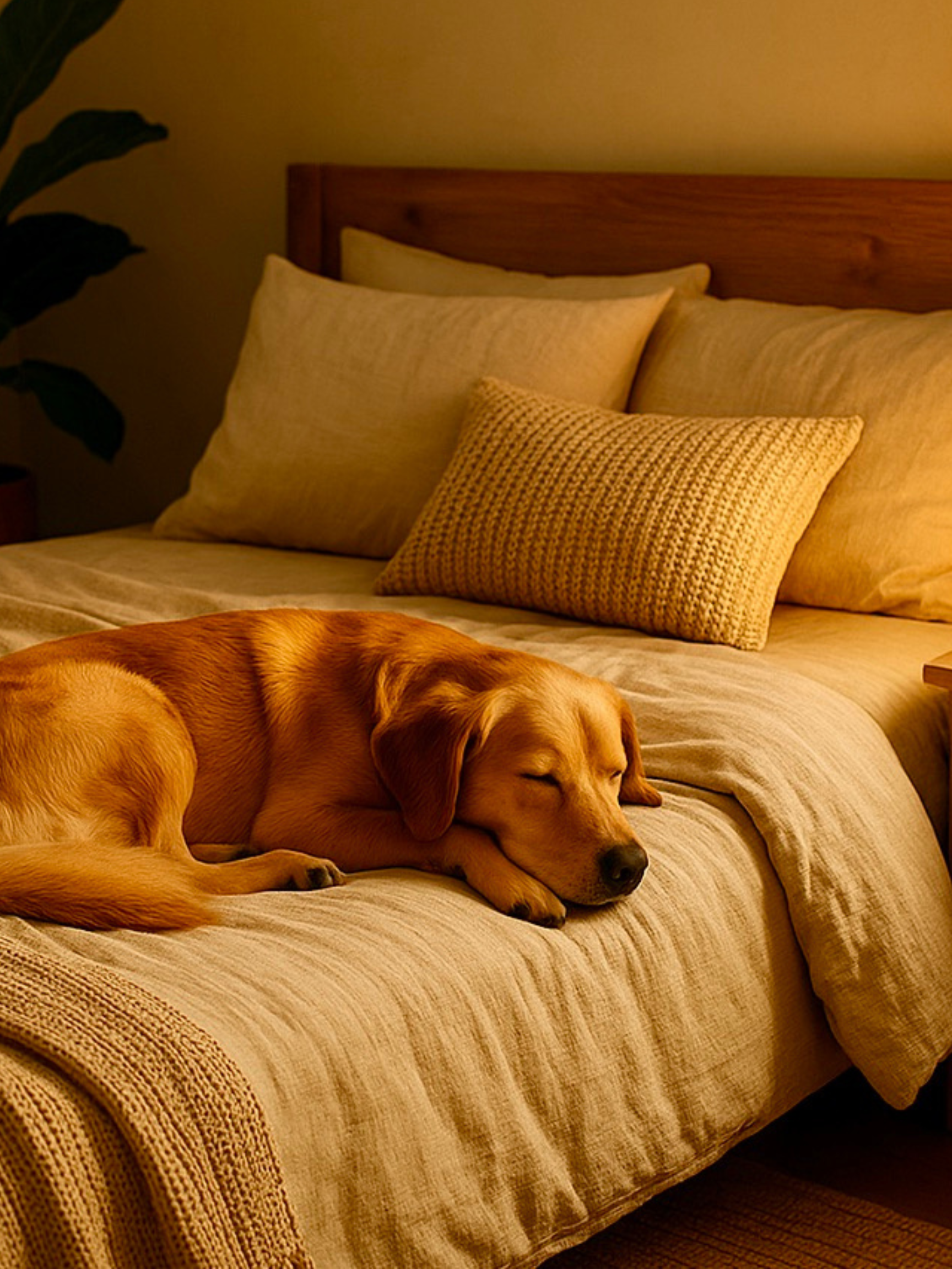 yellow lab sleeps peacfully on a bed in a luxury home, with natural decor. Southern California Pet Sitting