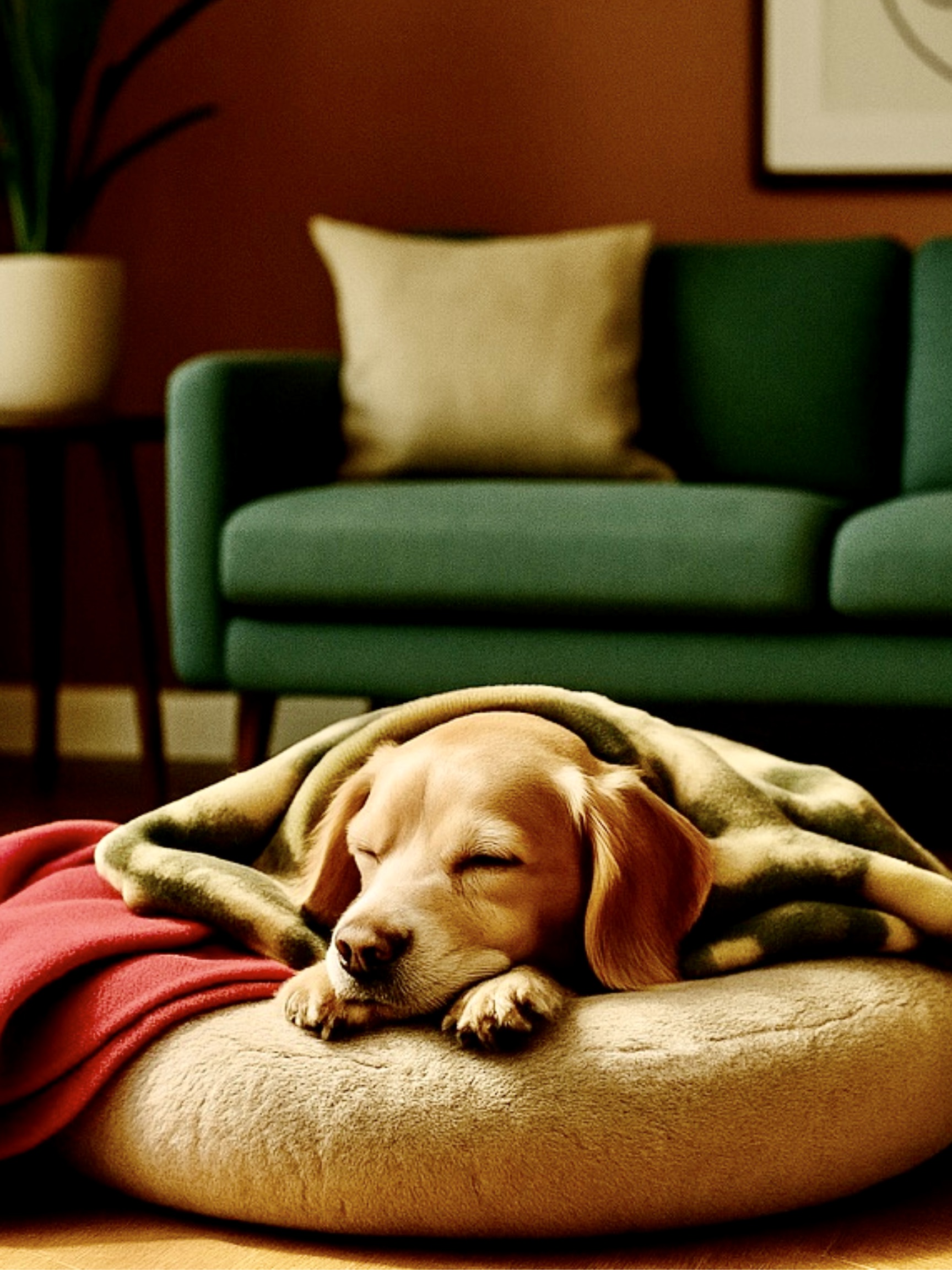 beagle sleeping peacefully on a cozy blanket on a bed in a modern living room—calm overnight pet sitting support. Southern California Pet Sitting