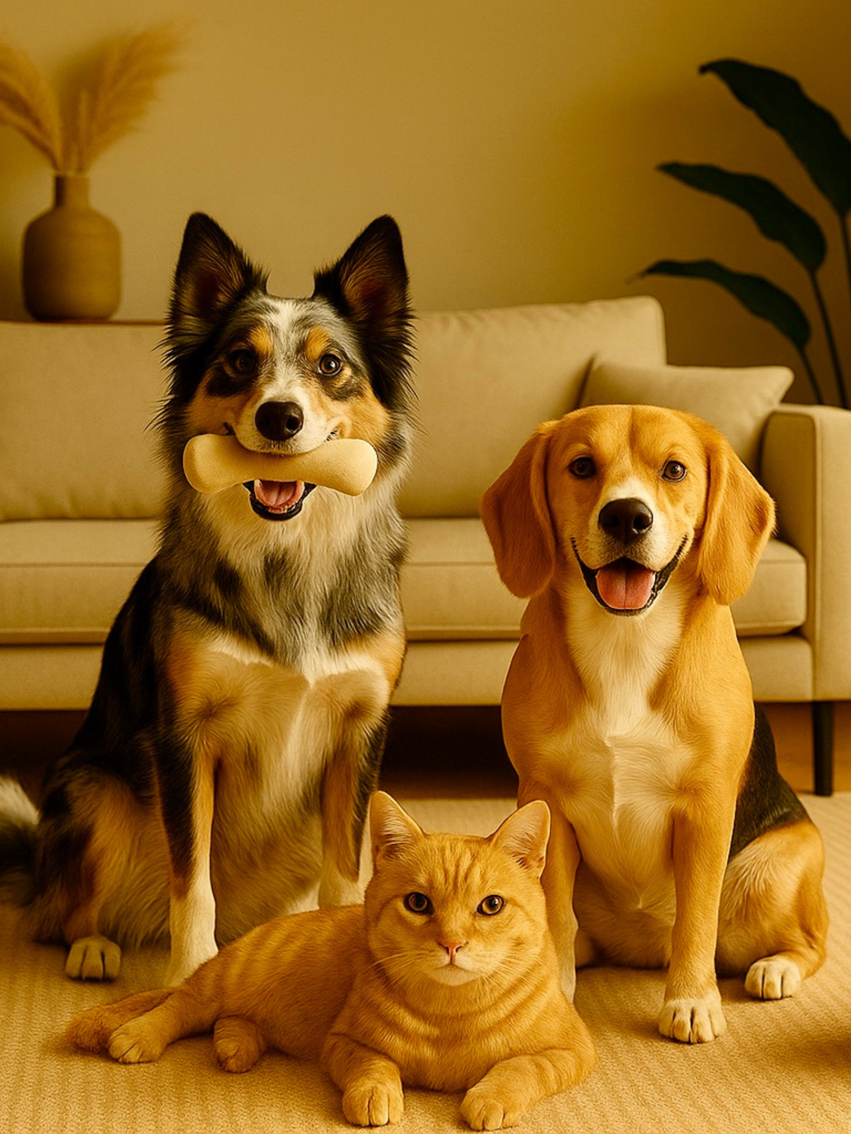 Two dogs and a cat sitting calmly in a sunlit room—multi-pet care with Southern California Pet Sitting.