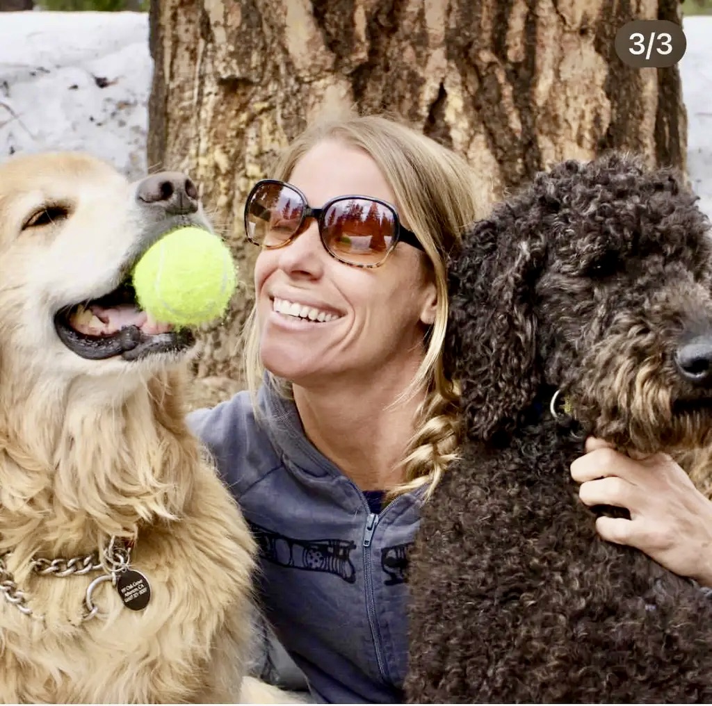 Woman smiling with two dogs, one holding a tennis ball, in a snowy forested area.” playful pets, outdoor dog sitting, snow adventure, happy pets, California forest sitter. about Southern California Pet Sitting